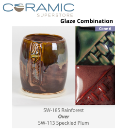 Rainforest SW185 over Speckled Plum SW113 Stoneware Glaze Combination  Rainforest SW185 over Speckled Plum SW113 Stoneware Glaze Combination